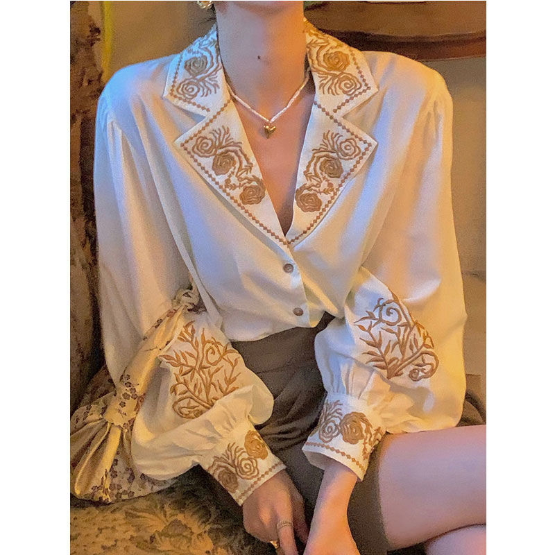 Embroidery Cotton Shirt - Blouse Women Embroidered Shirt Retro Embroidered
